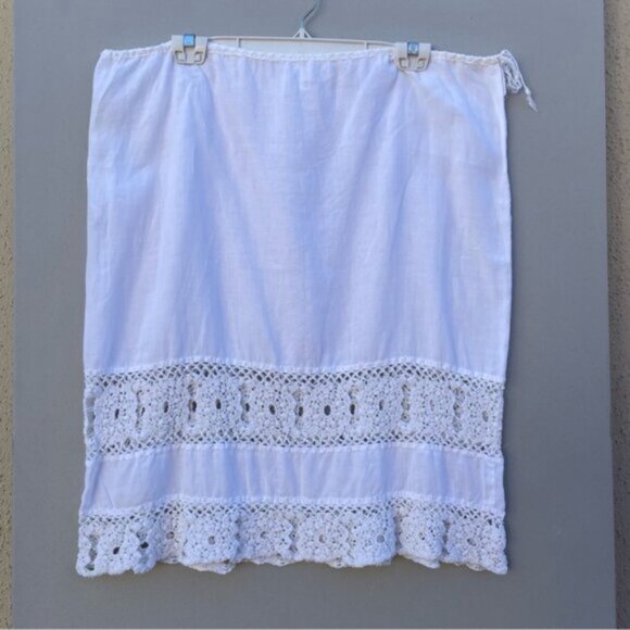 DKNY White Linen Skirt w/Cochet Panels & Drawstring Waist Size 14 - Picture 3 of 11